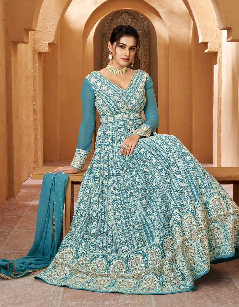 Exclusive Embroidery Work Sky Blue Color Gown – Amrutamfab